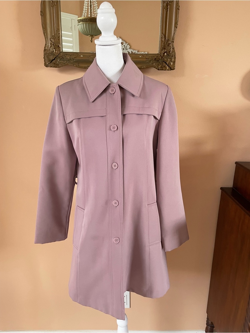 Vintage Dusty Rose Pockets Lined Made in Hong Kong Poly Button-Front Coat M